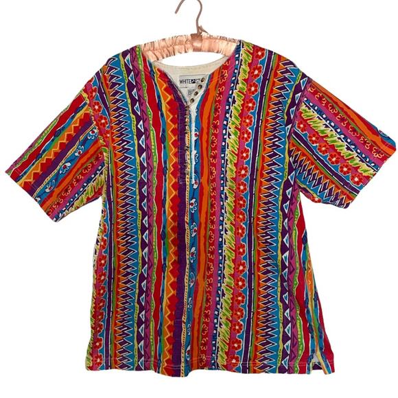 White Stag Y2K Rainbow Striped Short Sleeve 1/2 Button Front Top Medium - Picture 1 of 7